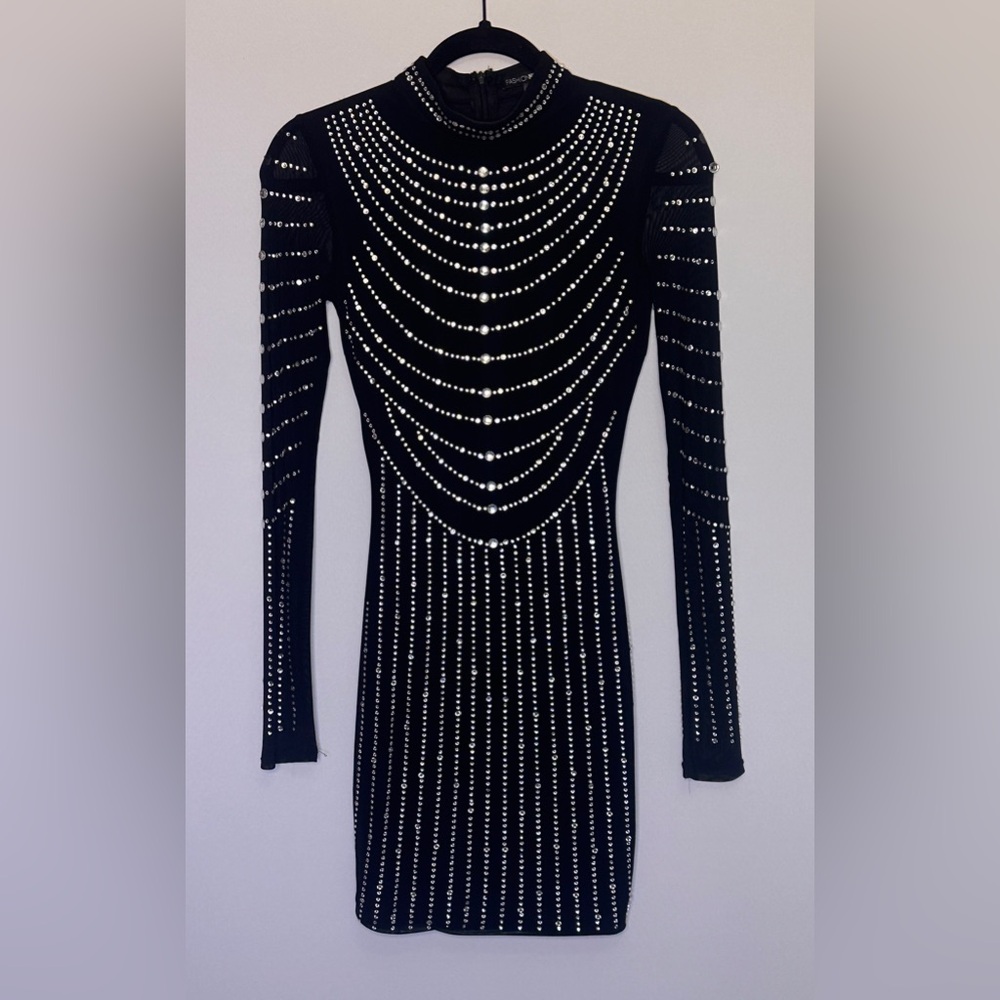 Black Rhinestone Bodycon Mini Dress XS